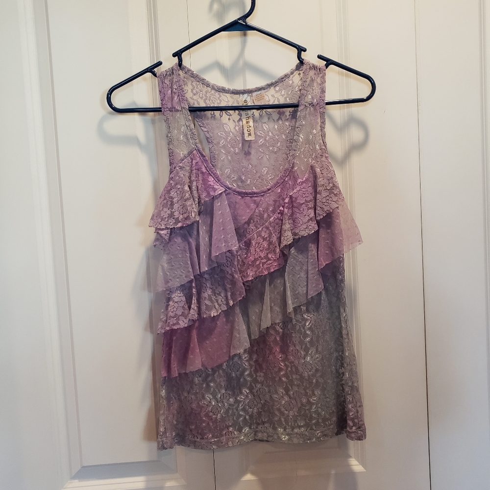 Eyeshadow Tie Dye Sleeveless Top Tiered Ruffles Lace Scoop Neck Size S